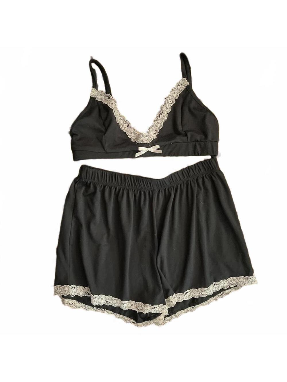 Fashion Nova Black Lace Trim Lingerie Pajama Set Babydoll & Shorts NWOT Size M